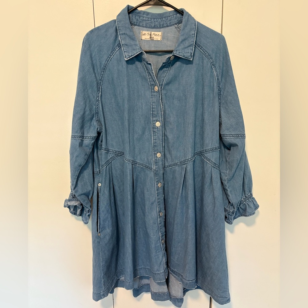 Free People Hannah Denim Mini Dress button-down, A-line & ruffled sleeve, sz L
